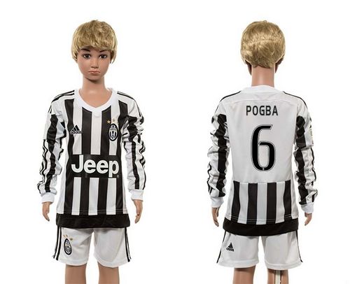 Juventus #6 Pogba Home Long Sleeves Kid Soccer Club Jersey