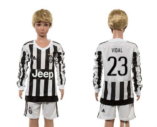 Juventus #23 Vidal Home Long Sleeves Kid Soccer Club Jersey