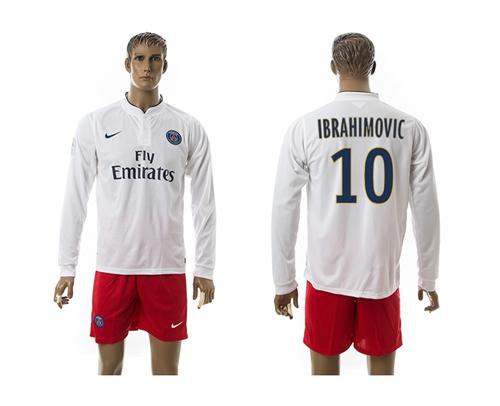 Paris Saint Germain #10 Ibrahimovic White/Red Shorts Away Long Sleeves Soccer Club Jersey