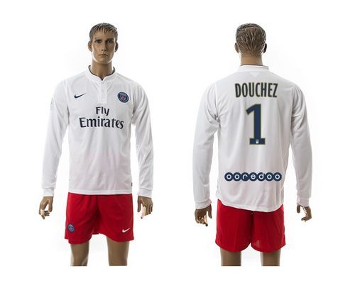 Paris Saint Germain #1 Douchez White Away Long Sleeves Soccer Club Jersey