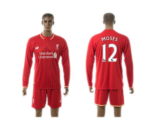 Liverpool #12 Moses Red Home Long Sleeves Soccer Club Jersey