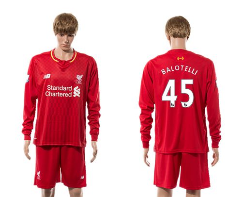 Liverpool #45 Balotelli Red Home Long Sleeves Soccer Club Jersey
