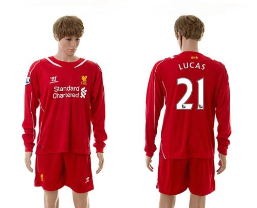 Liverpool #21 Lucas Red Home Long Sleeves Soccer Club Jersey