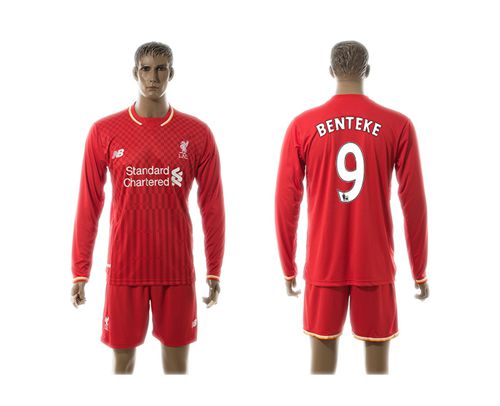 Liverpool #9 Benteke Red Home Long Sleeves Soccer Club Jersey
