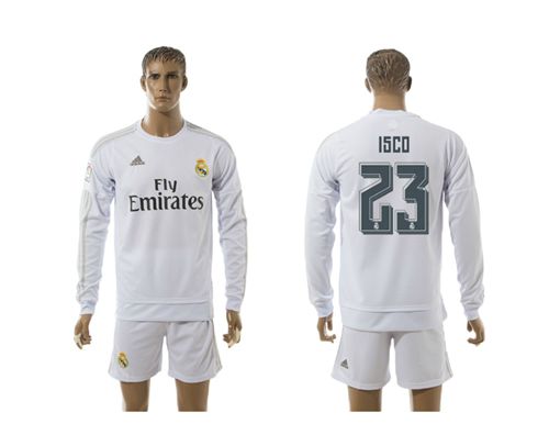 Real Madrid #23 Isco White Home Long Sleeves Soccer Club Jersey