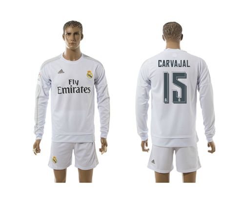 Real Madrid #15 Carvajal White Home Long Sleeves Soccer Club Jersey