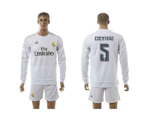 Real Madrid #5 Coentrao White Home Long Sleeves Soccer Club Jersey