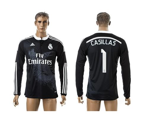 Real Madrid #1 Casillas Black Away Long Sleeves Soccer Club Jersey