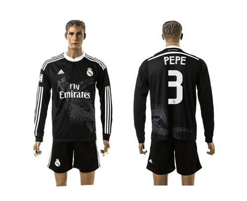 Real Madrid #3 Pepe Black Away Long Sleeves Soccer Club Jersey