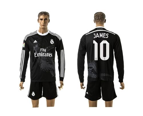 Real Madrid #10 James Black Away Long Sleeves Soccer Club Jersey