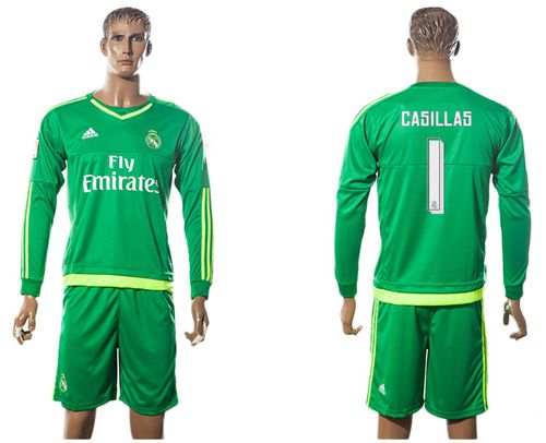 Real Madrid #1 Casillas Green Goalkeeper Long Sleeves Soccer Club Jersey
