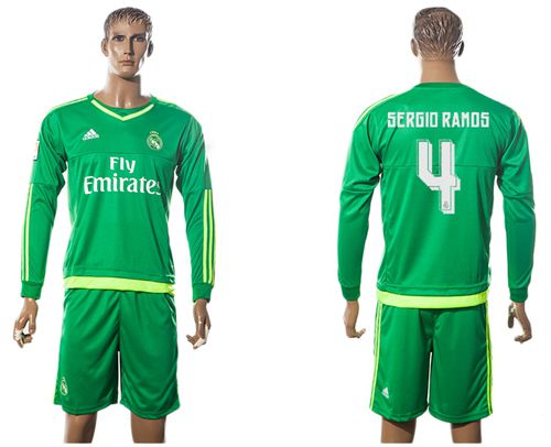 Real Madrid #4 Sergio Ramos Green Goalkeeper Long Sleeves Soccer Club Jersey