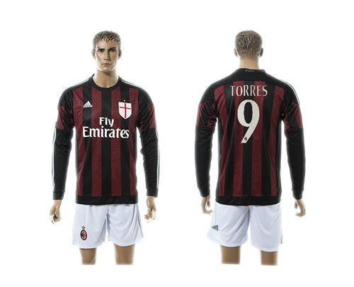 AC Milan #9 Torres Home Long Sleeves Soccer Club Jersey