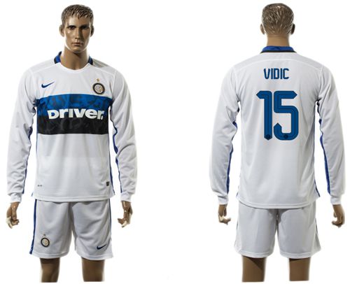 Inter Milan #15 Vidic White Away Long Sleeves Soccer Club Jersey