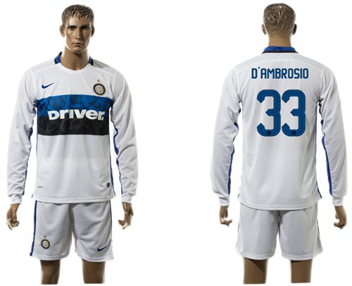 Inter Milan #33 D'Ambrosio White Away Long Sleeves Soccer Club Jersey