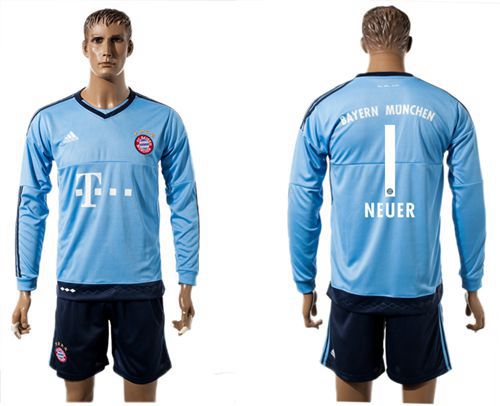 Bayern Munchen #1 Neuer Light Blue Long Sleeves Soccer Club Jersey