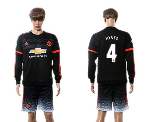 Manchester United #4 Jones Black Long Sleeves Soccer Club Jersey