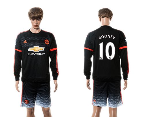 Manchester United #10 Rooney Black Long Sleeves Soccer Club Jersey