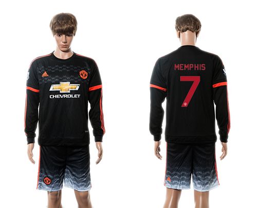 Manchester United #7 Memphis UEFA Champions Black Long Sleeves Soccer Club Jersey