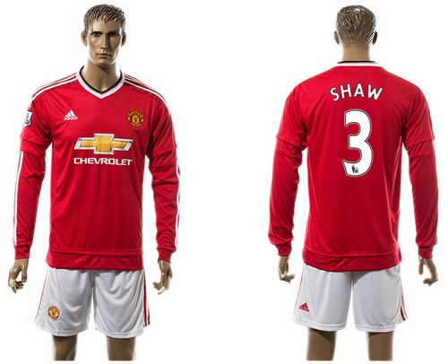 Manchester United #3 Shaw Red Home Long Sleeves Soccer Club Jersey
