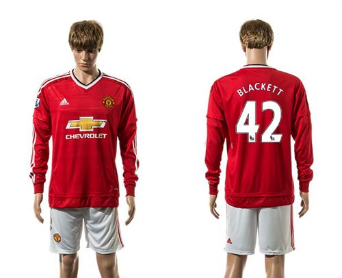 Manchester United #42 Blackett Red Home Long Sleeves Soccer Club Jersey