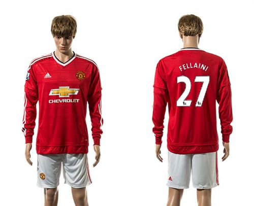 Manchester United #27 Fellaini Red Home Long Sleeves Soccer Club Jersey