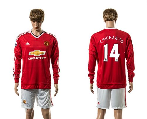 Manchester United #14 Chicharito Red Home Long Sleeves Soccer Club Jersey