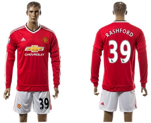Manchester United #39 Rashford Red Home Long Sleeve Soccer Club Jersey