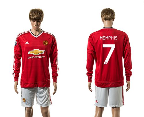 Manchester United #7 Memphis UEFA Champions Red Home Long Sleeves Soccer Club Jersey
