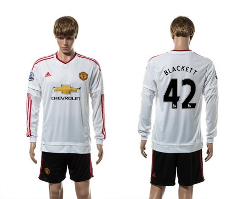Manchester United #42 Blackett White Away Long Sleeves Soccer Club Jersey