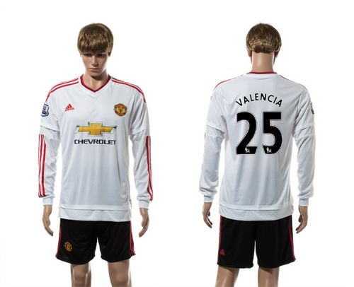 Manchester United #25 Valencia White Away Long Sleeves Soccer Club Jersey