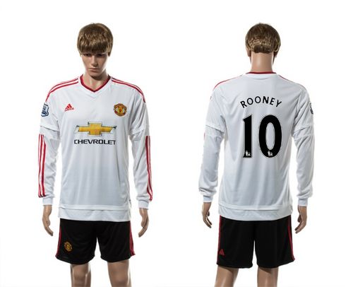Manchester United #10 Rooney White Away Long Sleeves Soccer Club Jersey