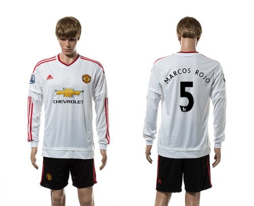 Manchester United #5 Marcos Rojo White Away Long Sleeves Soccer Club Jersey