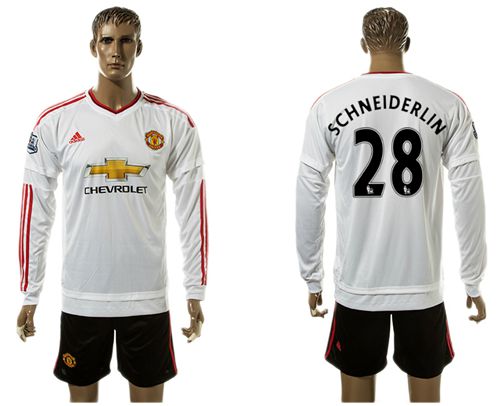 Manchester United #28 Schneiderlin White Away Long Sleeves Soccer Club Jersey