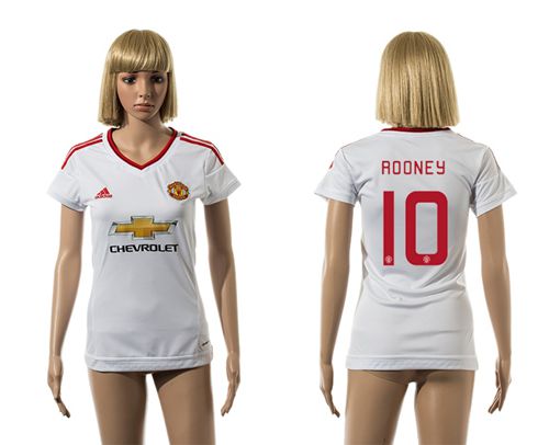 Women's Manchester United #10 Rooney UEFA Champions White Away Soccer Club Jersey