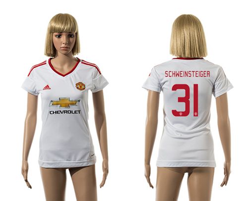 Women's Manchester United #31 Schweinsteiger UEFA Champions White Away Soccer Club Jersey