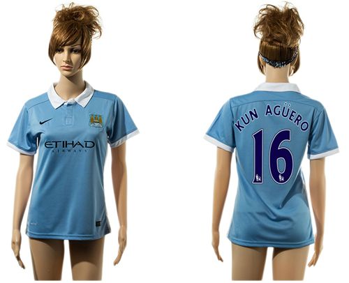 Women's Manchester City #16 Kun Aguero Home Soccer Club Jersey