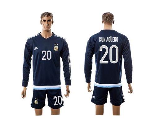 Argentina #20 Kun Aguero Away Long Sleeves Soccer Country Jersey