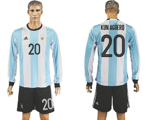 Argentina #20 Kun Aguero Home Long Sleeves Soccer Country Jersey