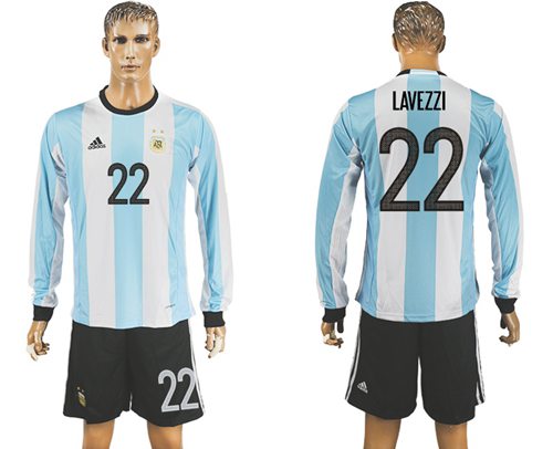 Argentina #22 Lavezzi Home Long Sleeves Soccer Country Jersey