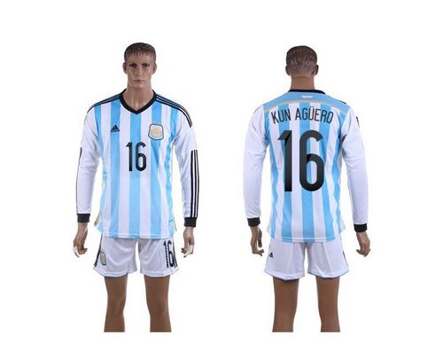 Argentina #16 Kun Aguero Home World Cup Long Sleeves Soccer Country Jersey