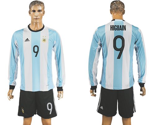 Argentina #9 Higua??n Home Long Sleeves Soccer Country Jersey