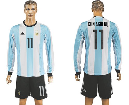 Argentina #11 Kun Aguero Home Long Sleeves Soccer Country Jersey