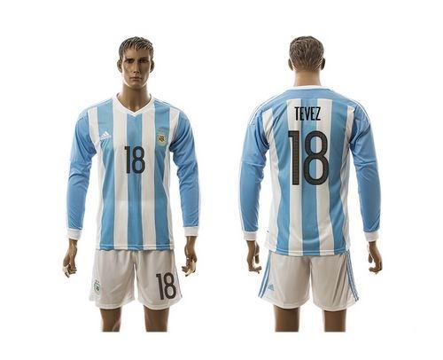 Argentina #18 Tevez Home Long Sleeves Soccer Country Jersey