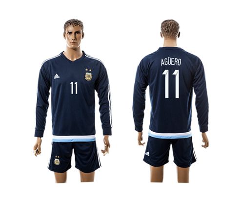 Argentina #11 Aguero Away Long Sleeves Soccer Country Jersey