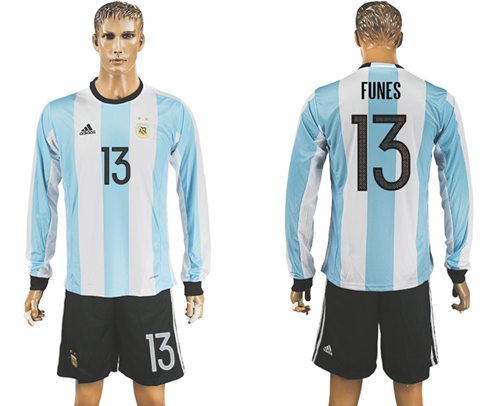 Argentina #13 Funes Home Long Sleeves Soccer Country Jersey