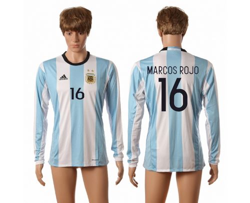 Argentina #16 Marcos Rojo Home Long Sleeves Soccer Country Jersey