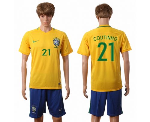Brazil #21 Coutinho Home Soccer Country Jersey