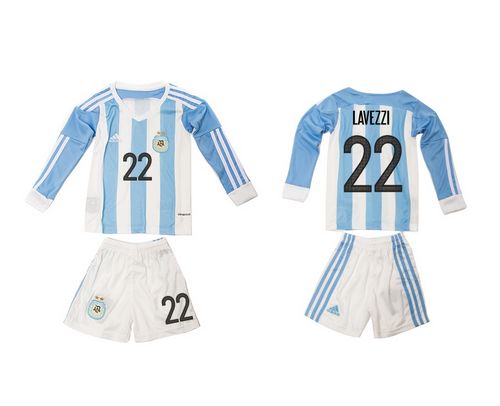 Argentina #22 Lavezzi Home Long Sleeves Kid Soccer Country Jersey