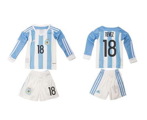Argentina #18 Tevez Home Long Sleeves Kid Soccer Country Jersey